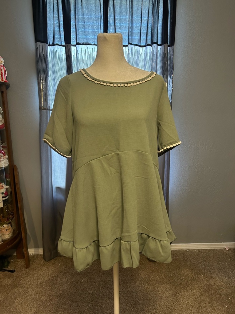Women's Olive Green Ruffle-Hem Short Sleeve Tunic